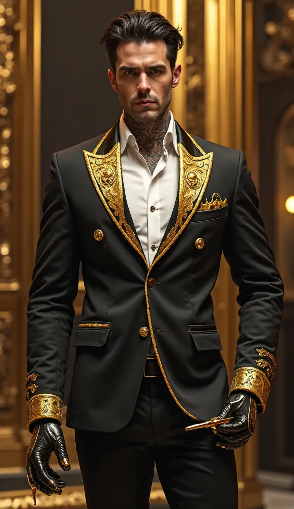  a tall and stately man, with sharp and realistic facial features, fair skin and dark hair (dark brown/black people),  well brushed back , with a soft glow reflecting in the light. He has visible gold tattoos on his neck and hands, with intricate patterns ...