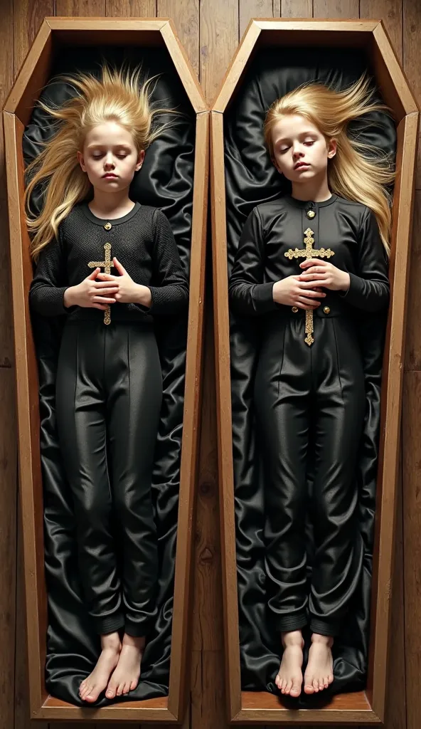 Two dead young girls long blonde Mohawk 
     head on satin pillow in black shiny satin diffrent long flowing pants diffrent shiny satin shirts   eyes closed mouth closed barefoot hands folded on chest holding gold crucifix   lying in satin caskets side by...