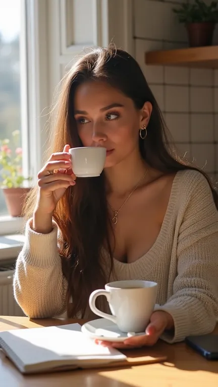 “Clara, a young influencer with long brown hair, enjoys a cup of coffee in her cozy kitchen. She wears a loose sweater and gazes out the window as soft sunlight streams in. On the table, there’s an open notebook and her phone, reflecting her morning routin...