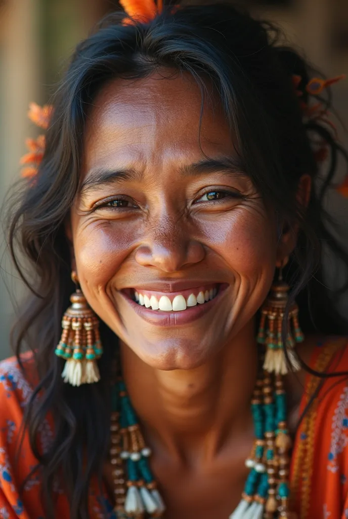 An indigenous person with a singing laugh looking at the spectator