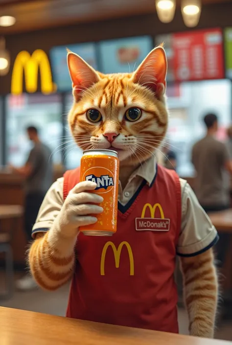 Cat working at McDonald's drinking fanta