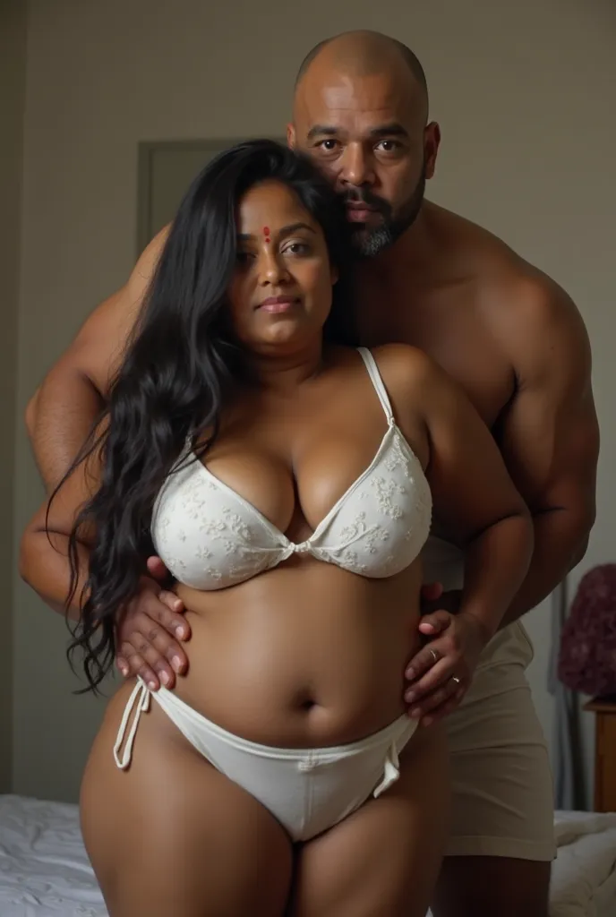 image of Voluptuous plumpy south Indian chubby milf Mature aunty at the age of 50 , wearing white bra and panty , Standing in bedroom and a 40 year bald tall chubby man is hugging her from behind.Dim light. Looking camera. She is having long straight black...