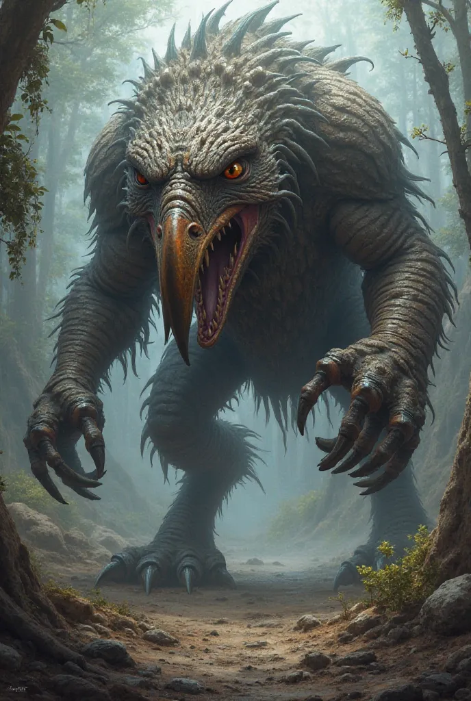 A monstrous beast , big, carnivore and hunter,Avian-like, bipedal , with sharp claws and teeth. 