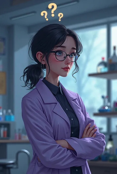 Create a female researcher dressed in human purple,  with dark hair , glasses and question marks on your head 