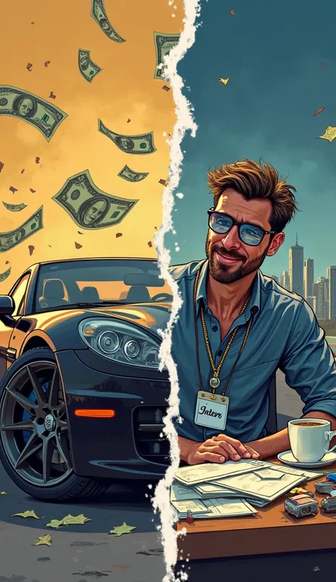 "Stylized semi-realistic illustration of:  
- Split scene: Left side—glossy black sports car, floating dollar bills, smug man in sunglasses/gold chain. Right side—cluttered desk (coffee, 'Intern' badge), same man tired but smiling.  
- Stylized jagged crac...