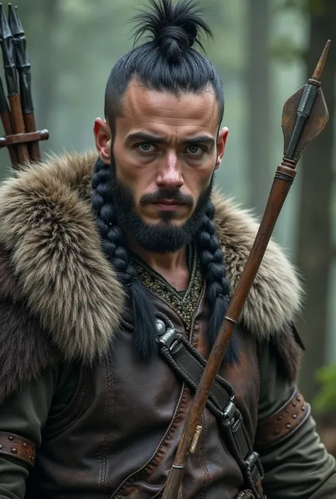 Young Viking warrior archer with black-haired mohawk and fine braids, dark green eyes and few freckles. Wears rustic leather clothing with animal fur over his shoulders.  His body is lean and muscular , with a thick beard and braids. Carry a bow and hold a...