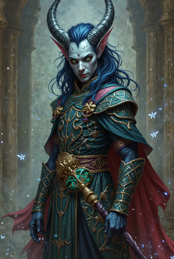 Kaelion is a charming and charismatic Tiefling, with 1, 80 meters high. His skin is a bluish gray tone , with silver spots that shine like stars.  Horns:  His horns are long and elegant , curved backwards like a crown. eyes: Her eyes are bright green, with...