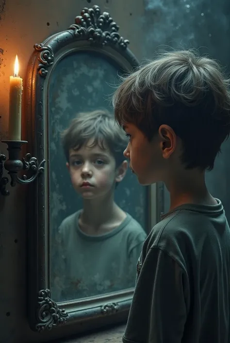 Boy looking in the mirror does not show his reflection
