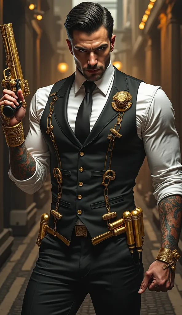 A highly detailed, realistic depiction of a stylish, sharp-dressed man with a cold, calculating expression, standing in a confident pose. He wears a tailored black vest over a white dress shirt with rolled-up sleeves, a black tie, and slim-fitting black tr...