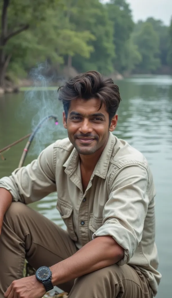 Bollywood actor,His face is very similar to that of actor Salman Khan when he was younger,is smoking while fishing by the river,smiling looking at camera 