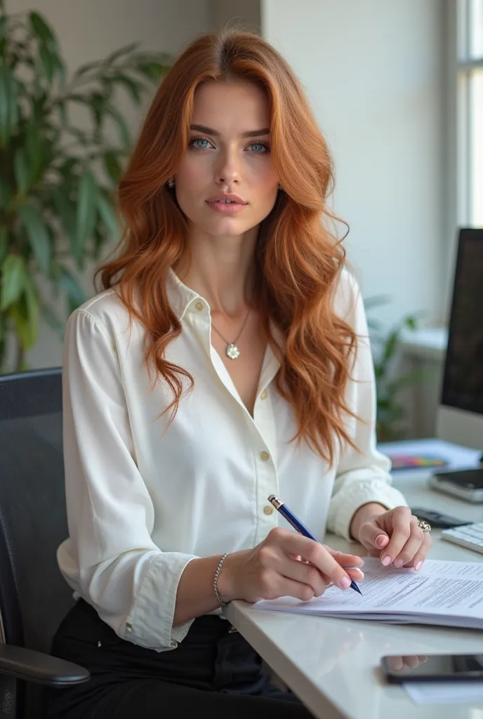 A foreign girl , with British features and long hair , working at a company,  with studio photo