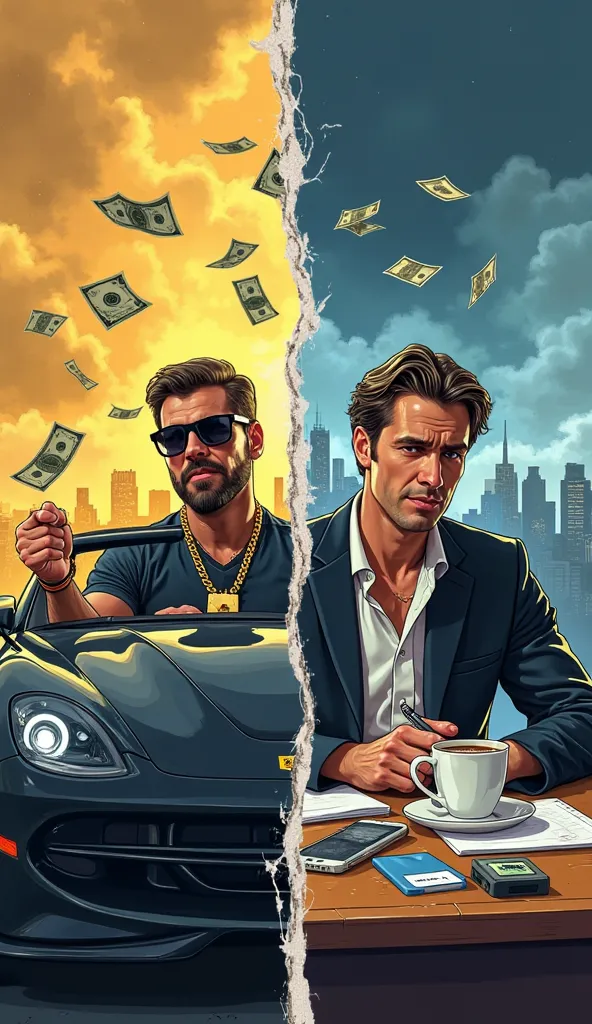 "Stylized semi-realistic illustration of:  
- Split scene: Left side—glossy black sports car, floating dollar bills, smug man in sunglasses/gold chain. Right side—cluttered desk (coffee, badge), same man tired but smiling.  
- Stylized jagged crack dividin...