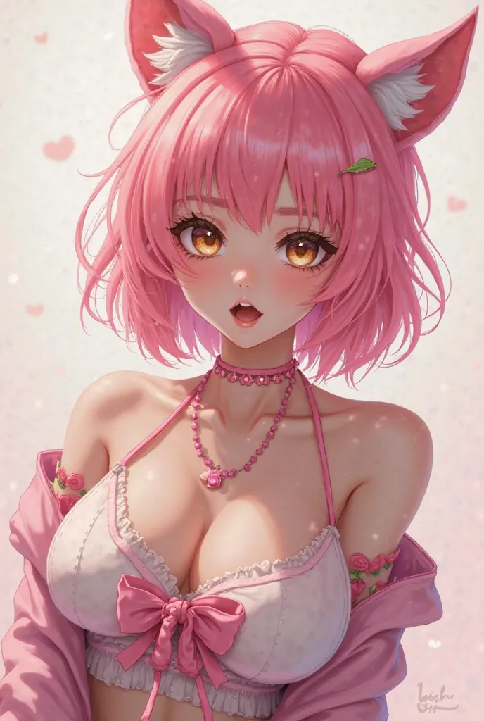 Image is a highly detailed, full-body digital illustration featuring an adult anime-style character with a 3D rendered appearance. A girl that have a mix of cute and sexy with kind nerd, pink hair and light brown eyes