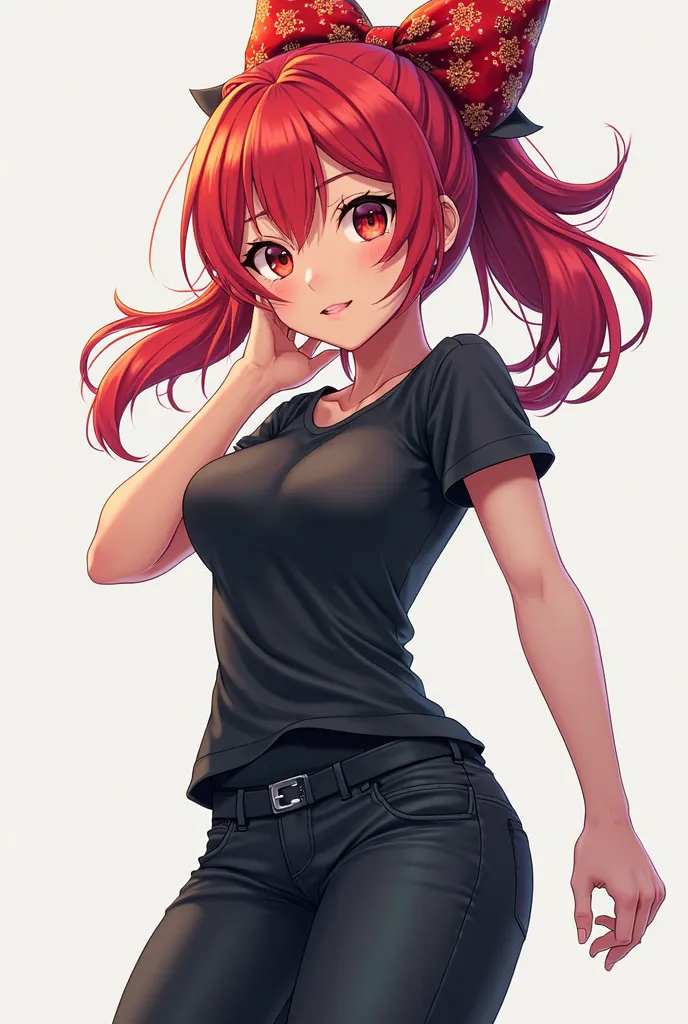 Anime girl with red hair wearing a bow, black pants and black t-shirt 