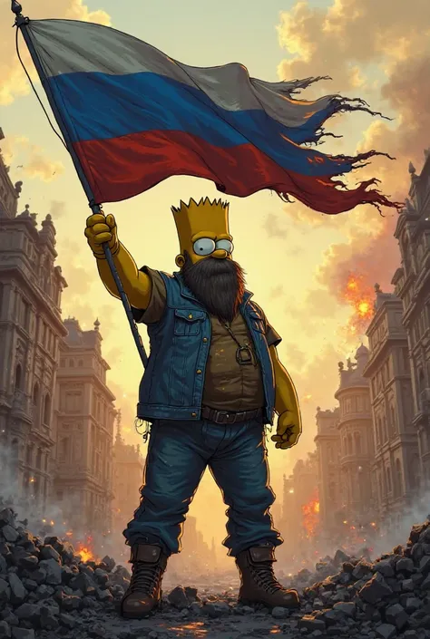 Un mec avec de la barbe ressemble a Bart Simpson sur la mairie de Paris en cendre brandit un drapeau russe