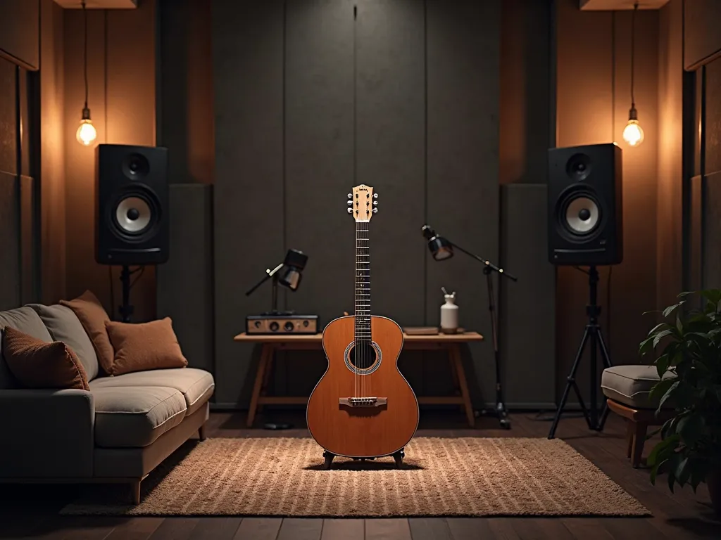 Create a room WITHOUT WINDOWS!!!!, int with the guitar in an upright position, the room has speakers, sofa