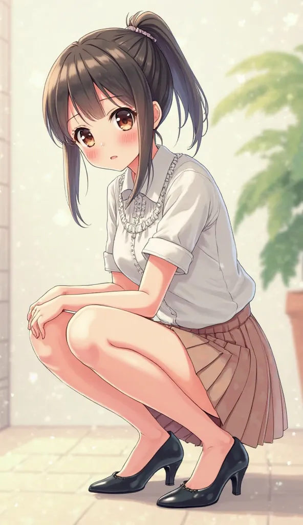 High school schoolgirl anime girl wearing secretarial heels while crouching 