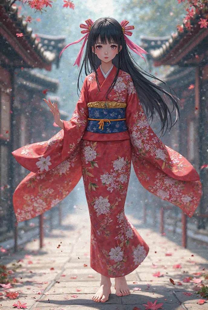 Nezuko kamado, demon slayer art style, legs, bare feet, black hair, pink ribbon in hair, japanese kimono