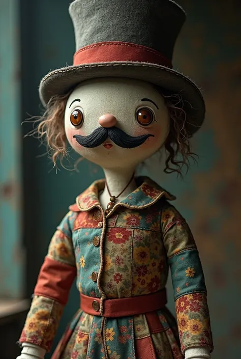 a rag doll with buttons instead of eyes, with a mustache and wearing a top hat, in a slightly creepy mood