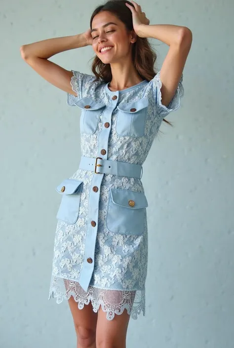 A front view full-body model putting her two hands on her head while smiling and closing her eyes isinwears this stunning light blue lace dress, highlighting its elegant silhouette and intricate floral patterns. The fitted waist, defined by a matching belt...