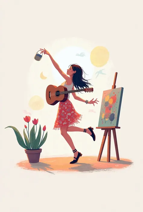 image of ren, dancing,  playing guitar , painting in a minimalist setting in pastel colors