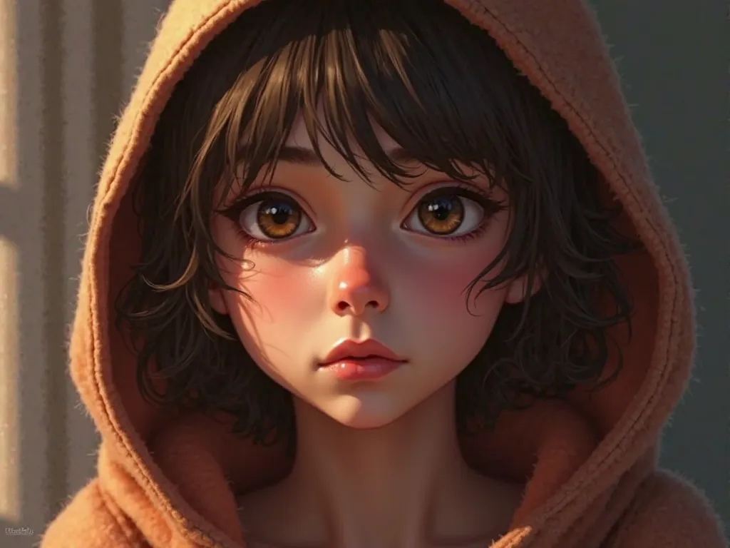 Create me clearer skin, hood, portrait, foreground, rostro Detailed,  serious expression, short hair, brown eyes,  straight nose,  small mouth , fair skin, Luminous skin, careful lighting,  blurred background,  dramatic effect ,  cartoon style, digital pai...