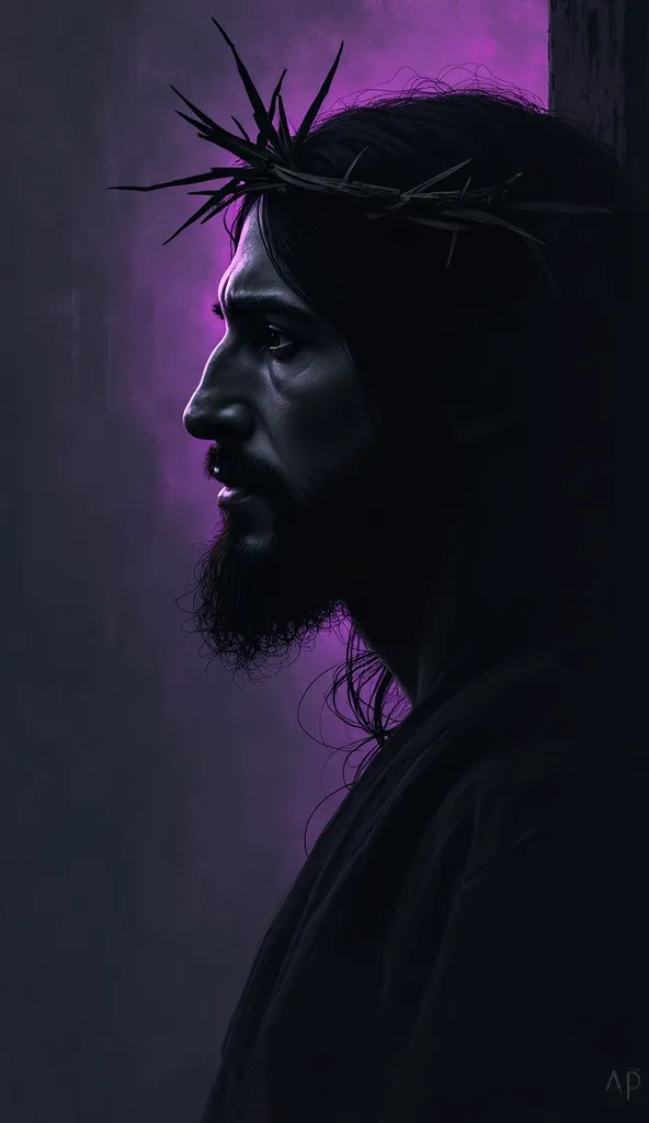 Profile picture of Jesus with a crown of thorns,  Dark background, purple contour light, Face of Jesus sideways, dark photo, just outlines 