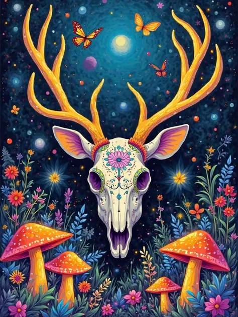 A deer skull meticulously decorated in Day of the Dead style, adorned with vibrant colors and intricate patterns. Glowing mushrooms illuminate the scene, while fireflies dance around the skull. The background is a psychedelic masterpiece of paint splashes,...