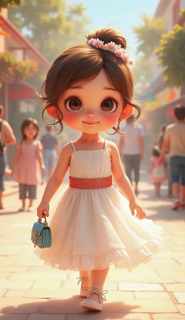 A hyper-realistic digital illustration of an adorable baby girl with big, expressive eyes, chubby cheeks, and wavy brown hair adorned with a small floral accessory. She is wearing a flowing white dress with a shimmering red belt, walking towards the camera...