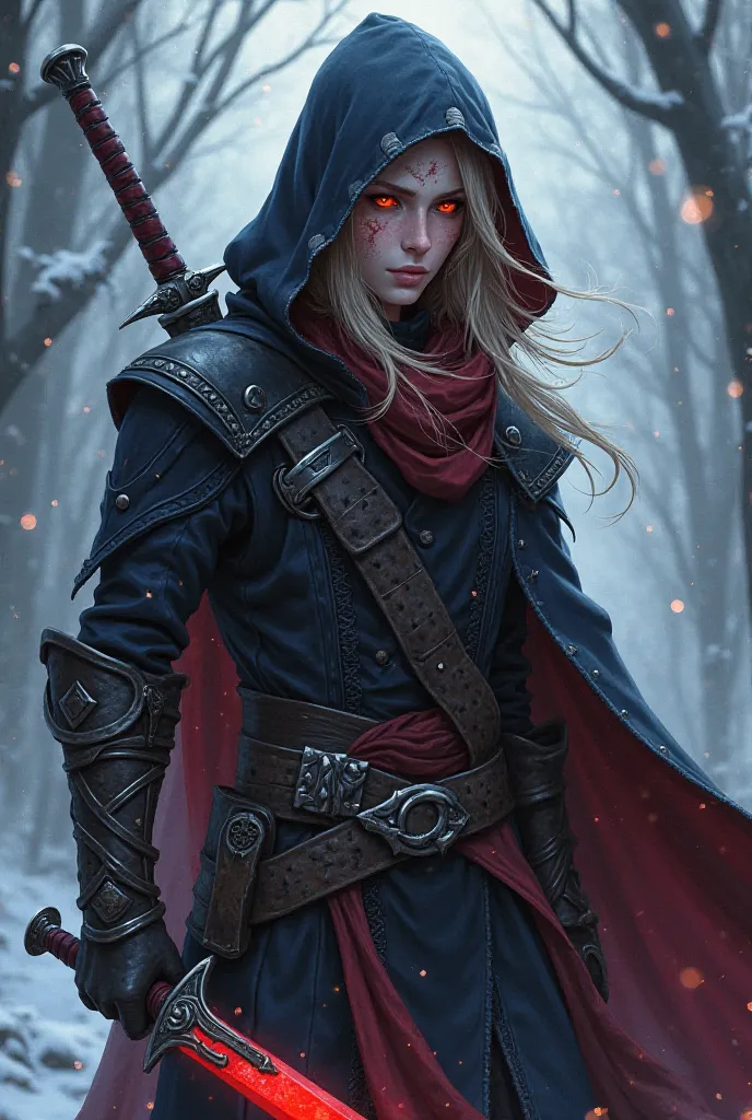 I want an elf character , With the class of a thief and also that he has red eyes a red dagger of fire and another blue of ice in the style of an anime y q tenga una cicatriz y una macarilla q la cicatriz le salga del ojo