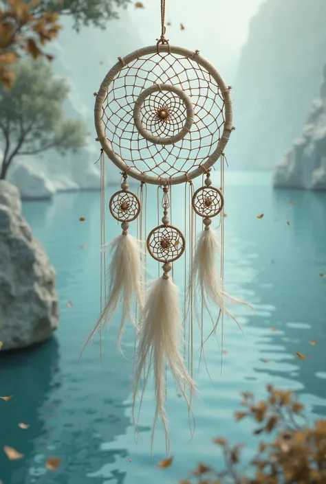 White Macrame Dreamcatcher with Blue Water in the Background