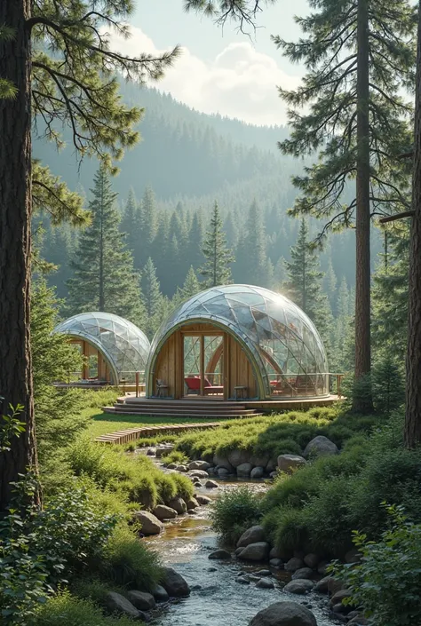 Create a camp where each cabin is a glass dome type and there is a main cabin that is the temple. This camp is very quiet and its construction materials and layout invite us to relaxation and serenity