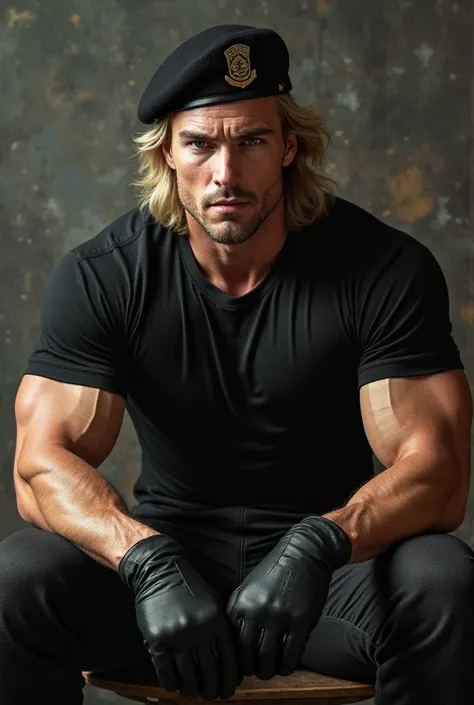 blonde muscular handsom man wearing black tight mid sleeve tshirt and black army beret and black gloves while sitting on a chair
