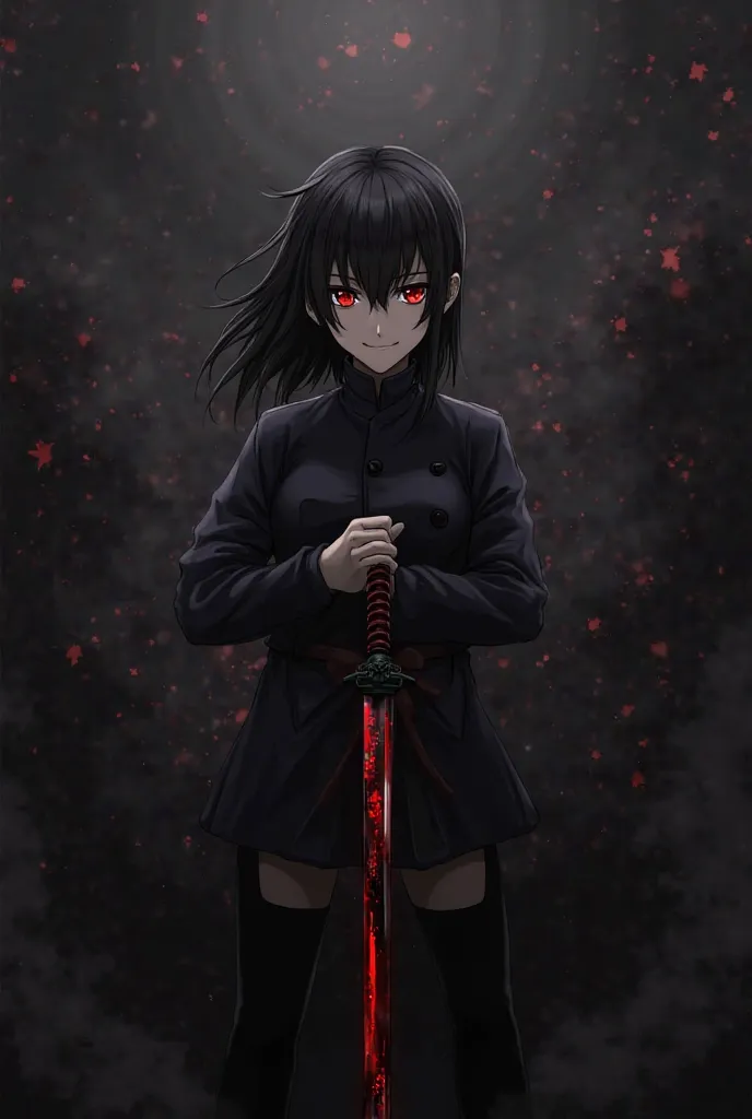 Anime wallpaper with black and blood red katana background without mask and rest solo,  smile, 