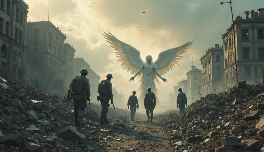 A scene of destruction in Ukraine, with soldiers in trenches and bombed buildings. Among the ruins , a translucent angelic figure protects a small group, depicting accounts of supernatural deliverances.