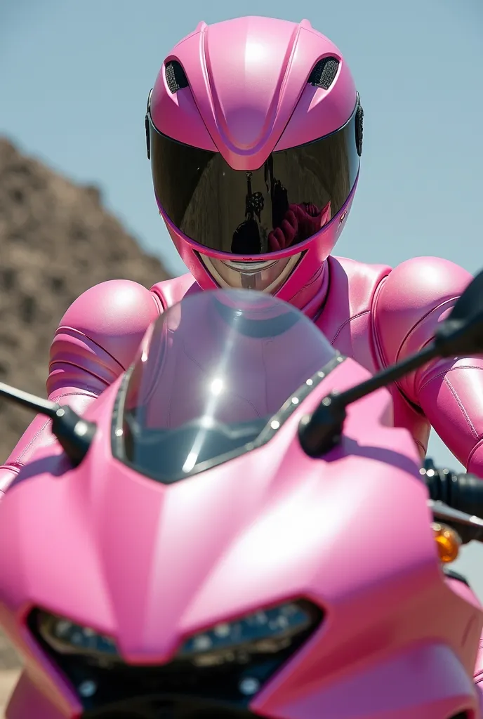 a close up of a person on a pink motorcycle with a helmet on, a photo inspired by Hiromu Arakawa, tumblr, fantastic realism, streamlined pink armor, pink iconic character, slick pink armor, the secret seventh power ranger, shining pink armor, tokusatsu, pi...