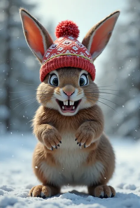 An angry rabbit wearing an animated winter hat 