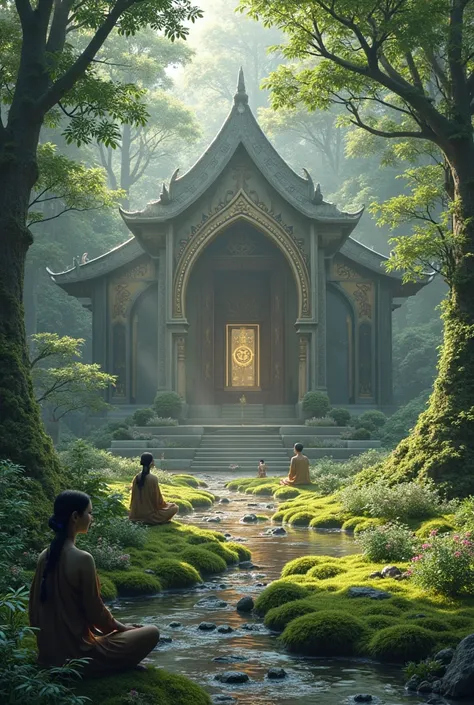 Create a temple for me in the middle of the forest where people meditate and allow themselves to know themselves 