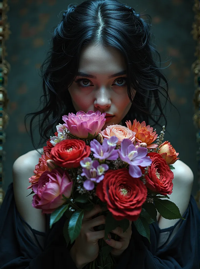 a bouquet with colorful flowers, in front of a woman's face, woman black hair, Greetings and wavy, black clothes, dark place