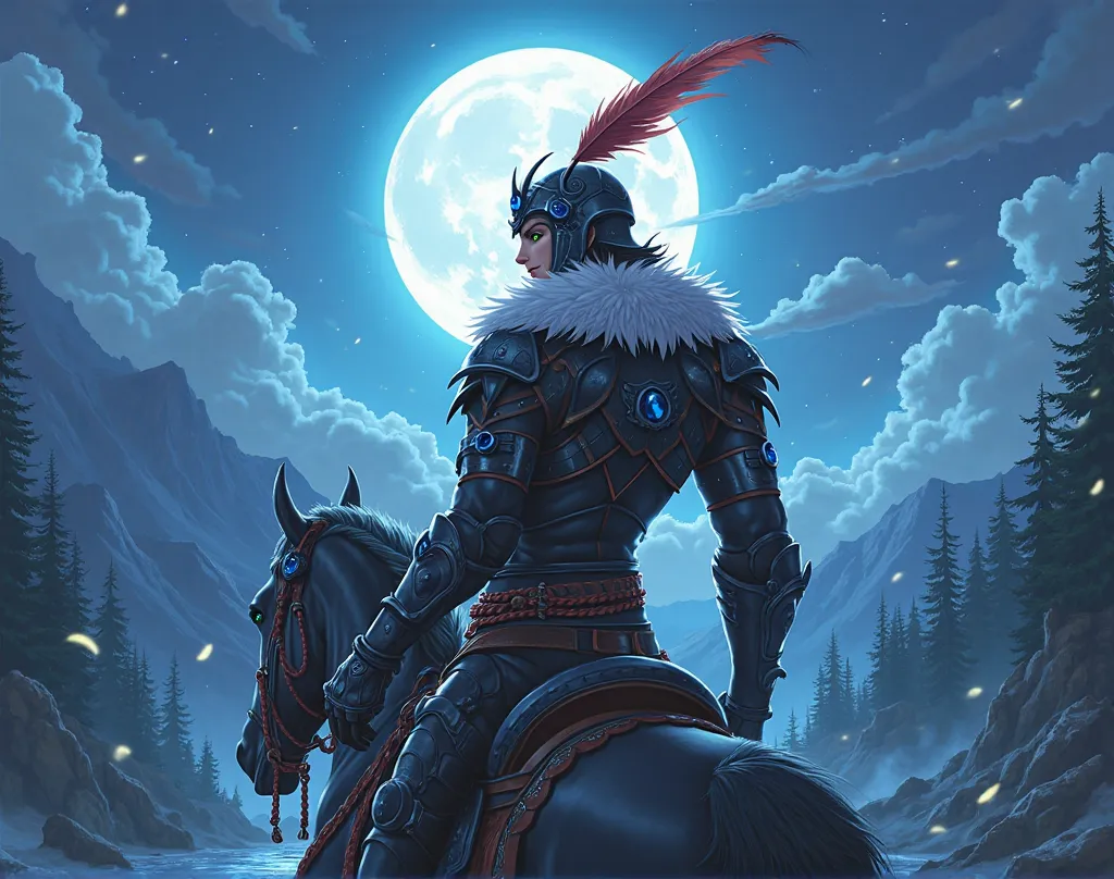 A tall, muscular rider with a bluish handle with red details with feathers around his neck, wearing heavy, stylized black armor with silver gloves with blue stones on the palm, with black ankle boots and leather belt with white feathers with a shiny helmet...