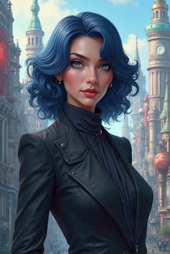 Girl with dark wavy blue hair,  gray eyes, behind her you can see the town of Piltover, she is a Piltover socialite. Arcane