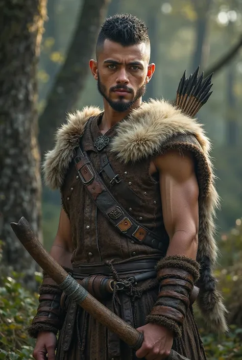 Young Viking warrior archer with a mohawk of black hair, shaved sides, and fine braids, dark green eyes, and a few freckles. His face looks youthful but mature, with a determined expression and a light, neatly braided beard. He wears rustic leather clothin...