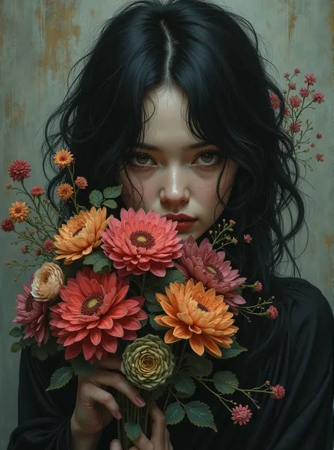 a bouquet with colorful flowers, covering a woman's face, woman black hair, Greetings and wavy, black clothes, dark place