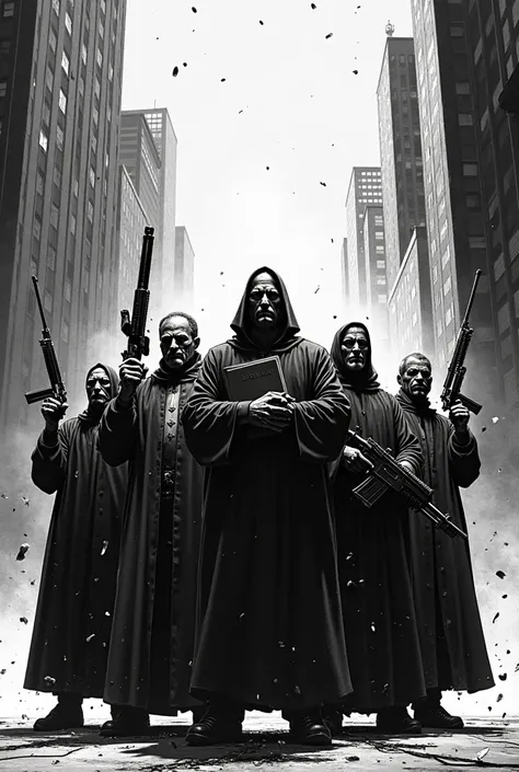 I want an image with 3 Fathers from different Christian Denominations and 4 different Evangelical Pastors holding Bibles, swords and machine guns, DC Comics style in black and white.