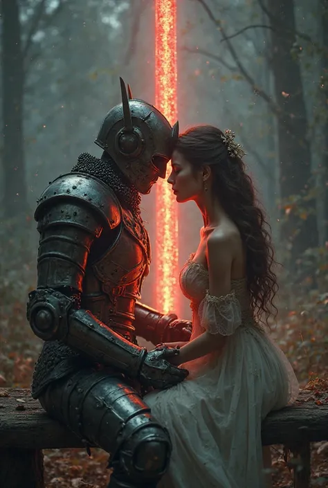 A knight in a uniquely captivating, Transformer-like armor, his eyes obscured, and a breathtakingly beautiful princess in elegant, bodily covered attire sit closely on a wooden bench in the heart of a vast, dark, and mystical realm. Facing away from us, th...