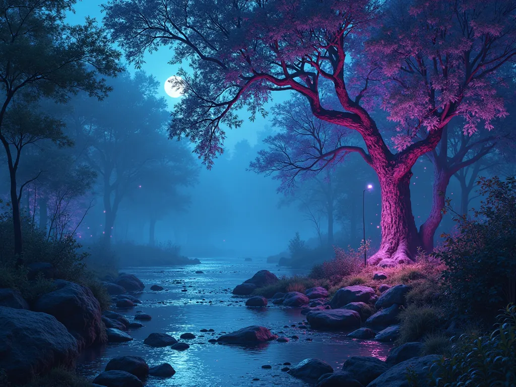 The color palette is rich with deep blues and purples, plus vibrant violets and saturated greens, harsh lights, fireflies, unique moments, colors contrasted by the bright and glowing elements that add a sense of enchantment. The trees on the right side of ...