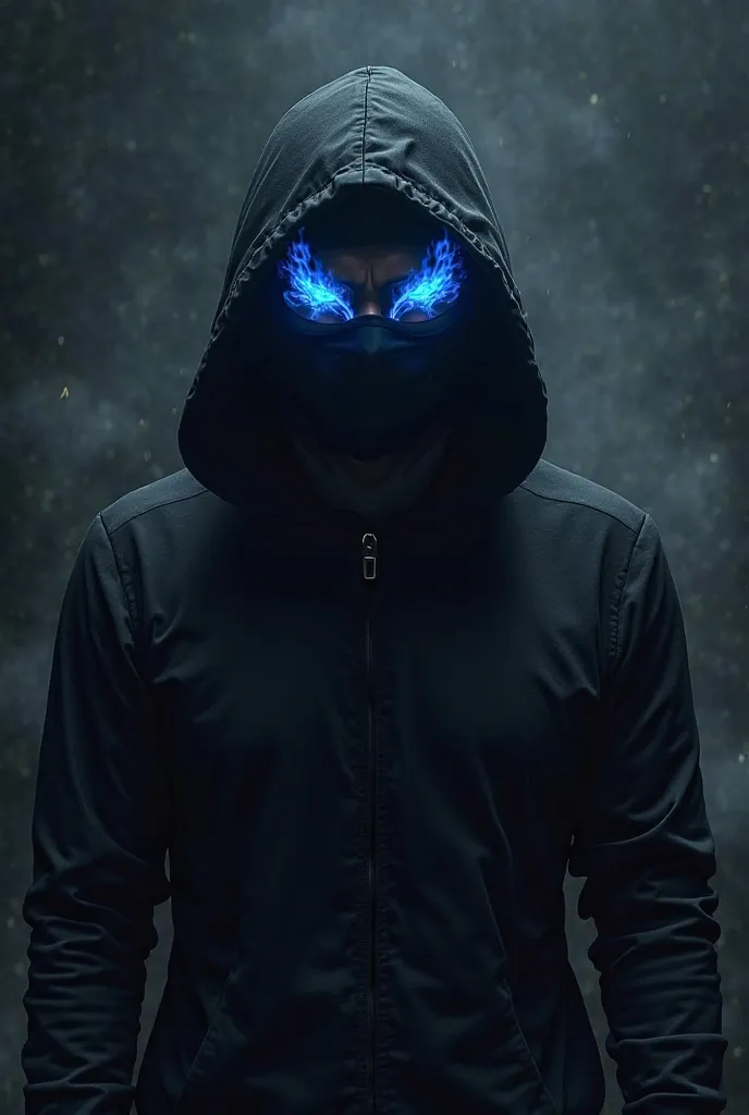 Black cap with blue flames eyes black mask and black shirt
