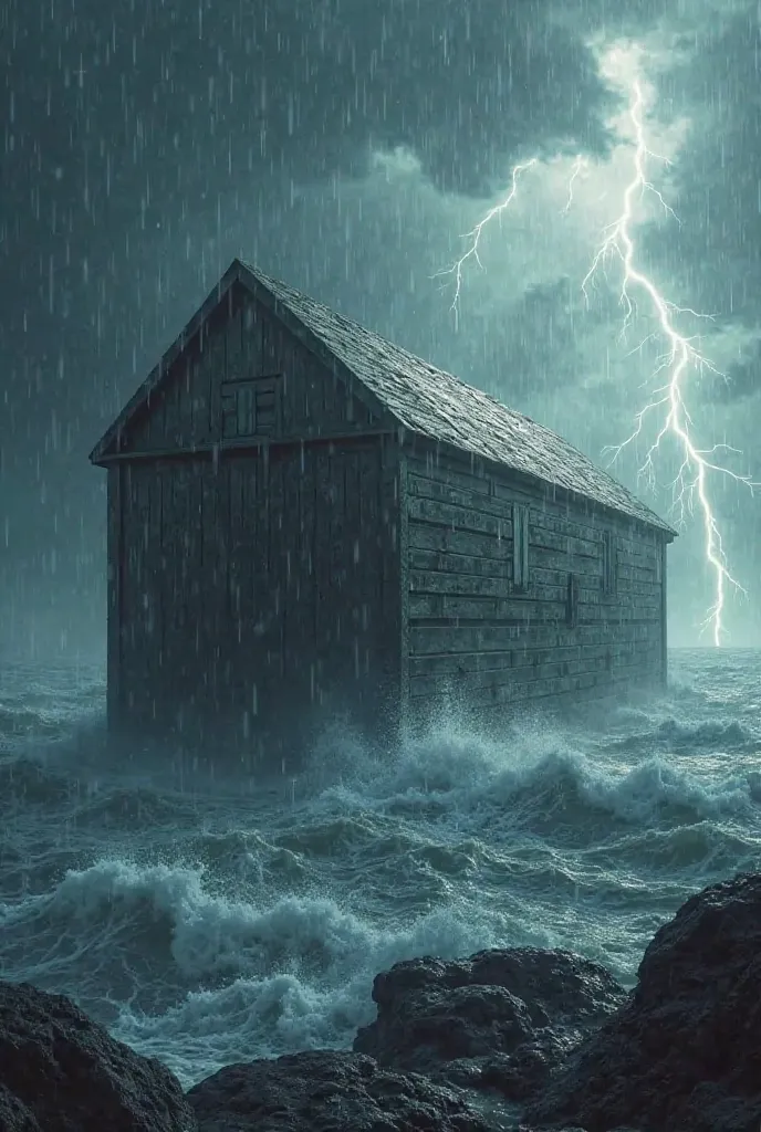 the closed ark, with heavy rain falling from the sky. Lightning illuminates the sea that is beginning to form.  