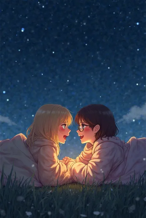 Blonde girl and girl with brown hair and glasses in pajamas with blankets are lying on a hill at night and are looking at each other very surprised and happy