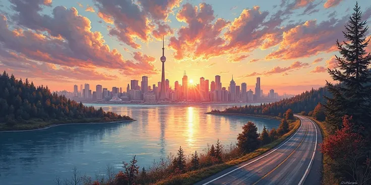 make a landscape drawing of toronto, add lake to 1/4 of the photo, make road heading toward city, sunset, red and canadian like